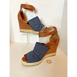 Bebece Wedge Heel Sandals Blue Denim Rust Suede Womens Brazilian Size 37 (8 US)